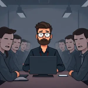 An image generated using DeepAI with the prompt: a cartoon drawing of a software developer in a depressing meeting with faceless coworkers