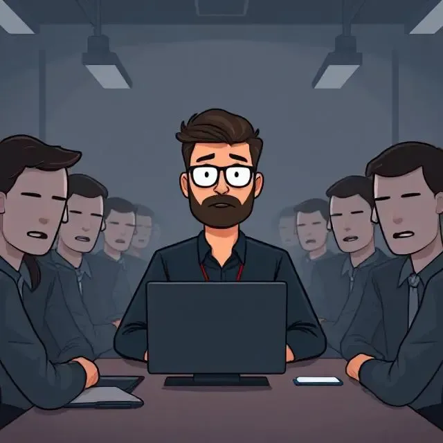 An image generated using DeepAI with the prompt: a cartoon drawing of a software developer in a depressing meeting with faceless coworkers