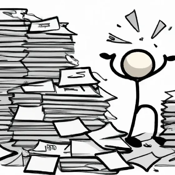 An image generated using DALL.E with the prompt: fraught stickman overwhelmed by multiple giant piles of paper
