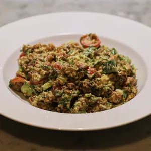 Hummus and chorizo salad