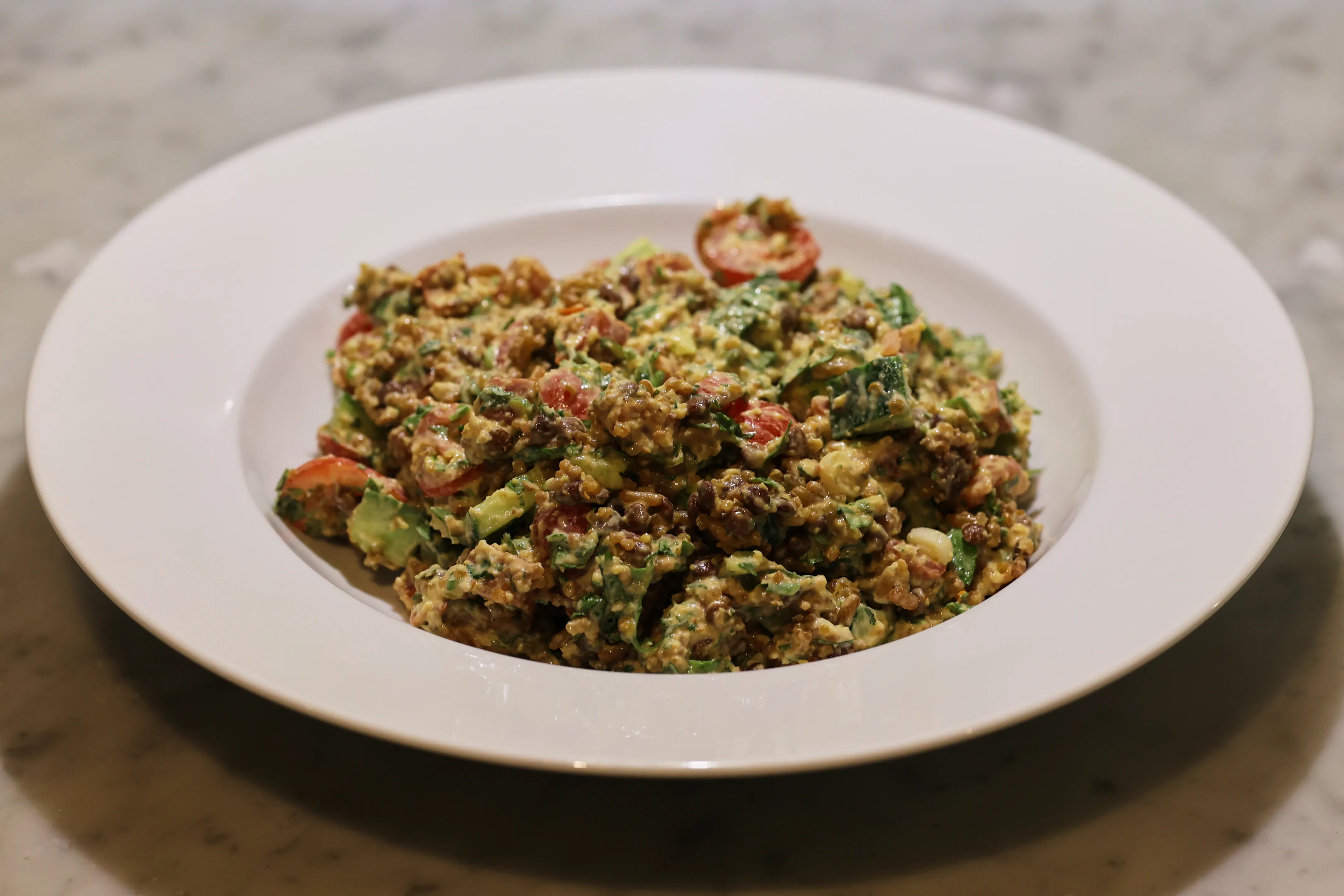 Hummus and chorizo salad