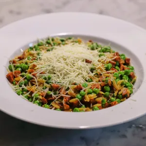 Pea and chorizo orzo