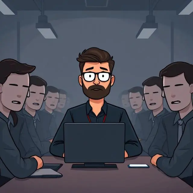 An image generated using DeepAI with the prompt: a cartoon drawing of a software developer in a depressing meeting with faceless coworkers