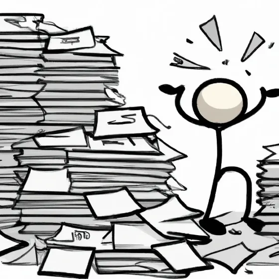 An image generated using DALL.E with the prompt: fraught stickman overwhelmed by multiple giant piles of paper