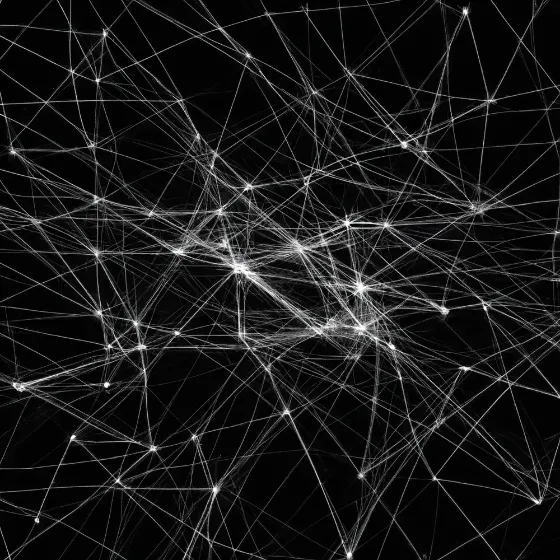 An image generated using DALL.E with the prompt: large clusters of bright dots and connecting lines on a field of inky black