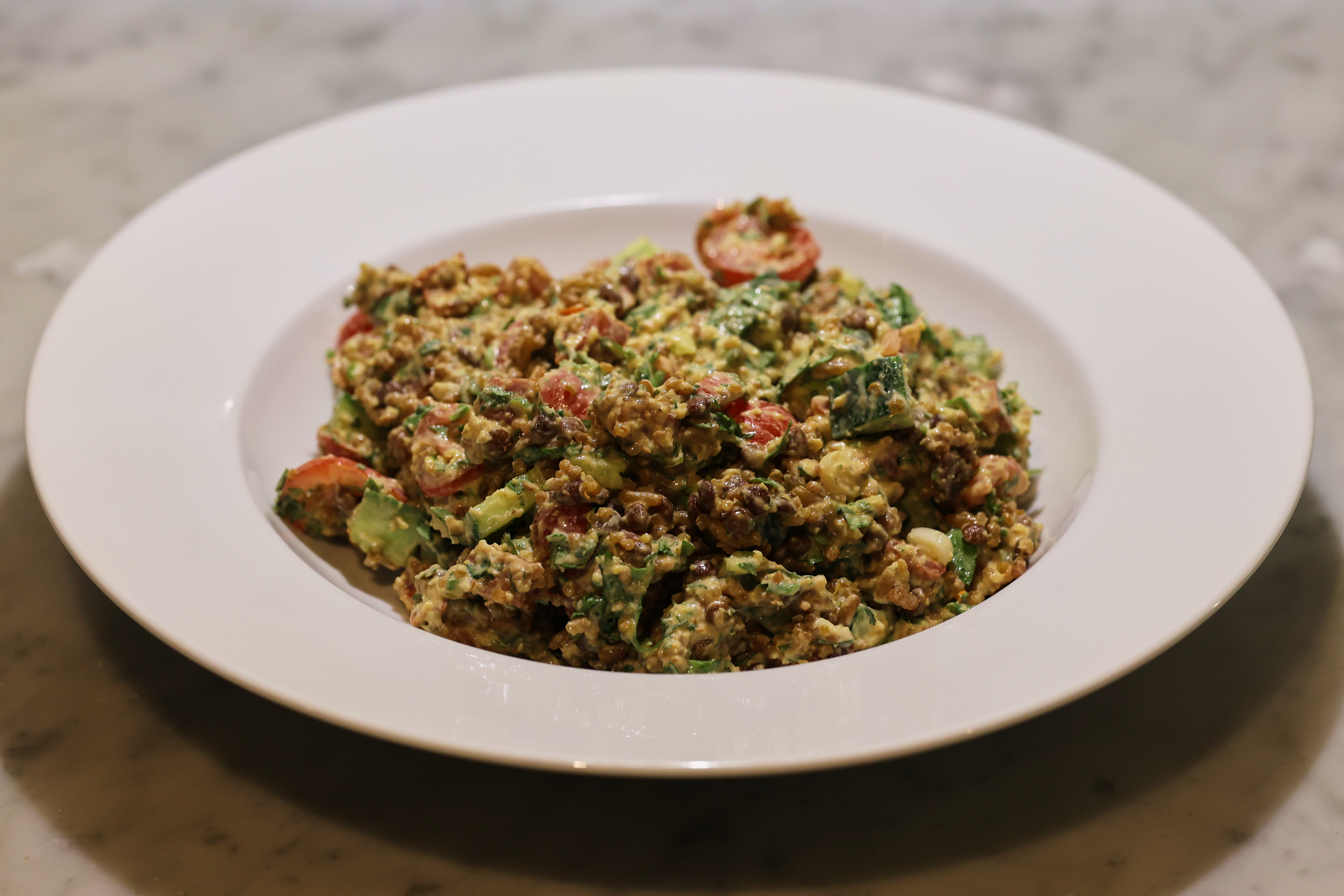 Hummus and chorizo salad