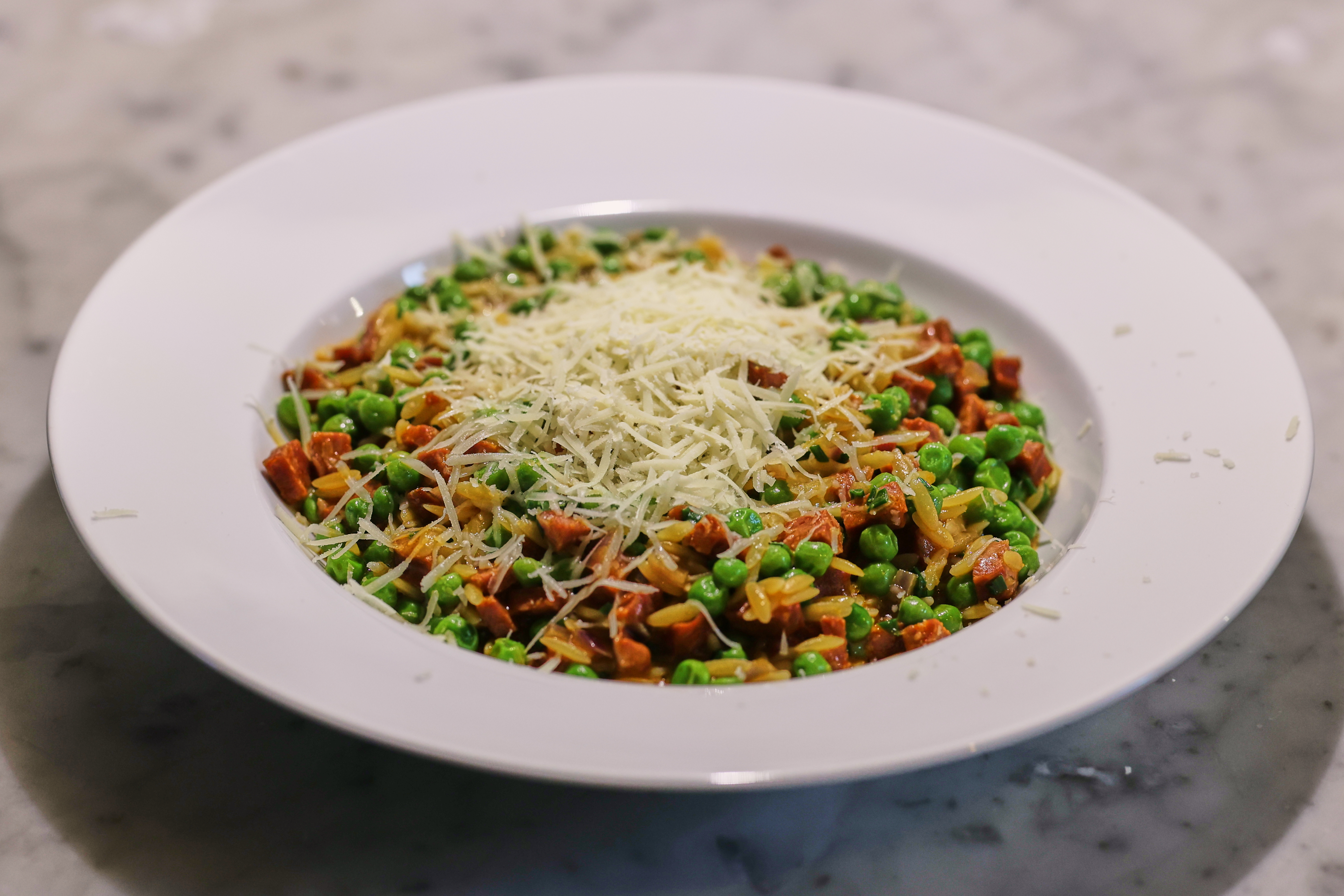 Pea and chorizo orzo
